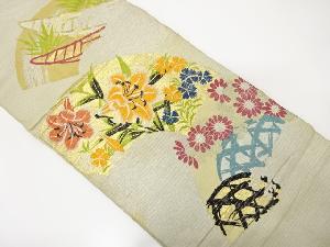 アンティーク　絽地紙に百合・菊・撫子模様織出し丸帯（材料）